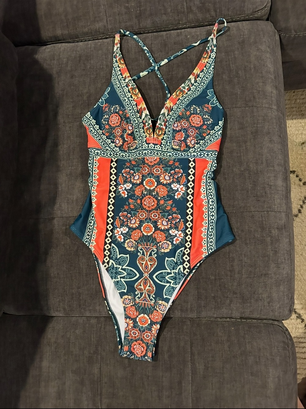 Unk Floral Crisscross One-Piece Swimsuit - Teal & Coral
